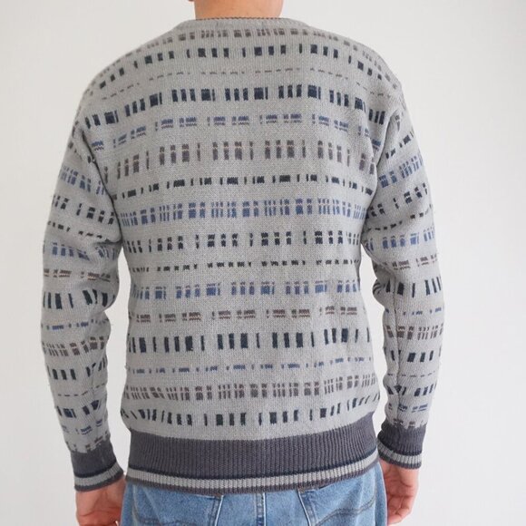 VTG '80s Woodstock By Bernard 100% Pure Virgin Wool Gray Blue Knit Sweater M - Picture 2 of 9